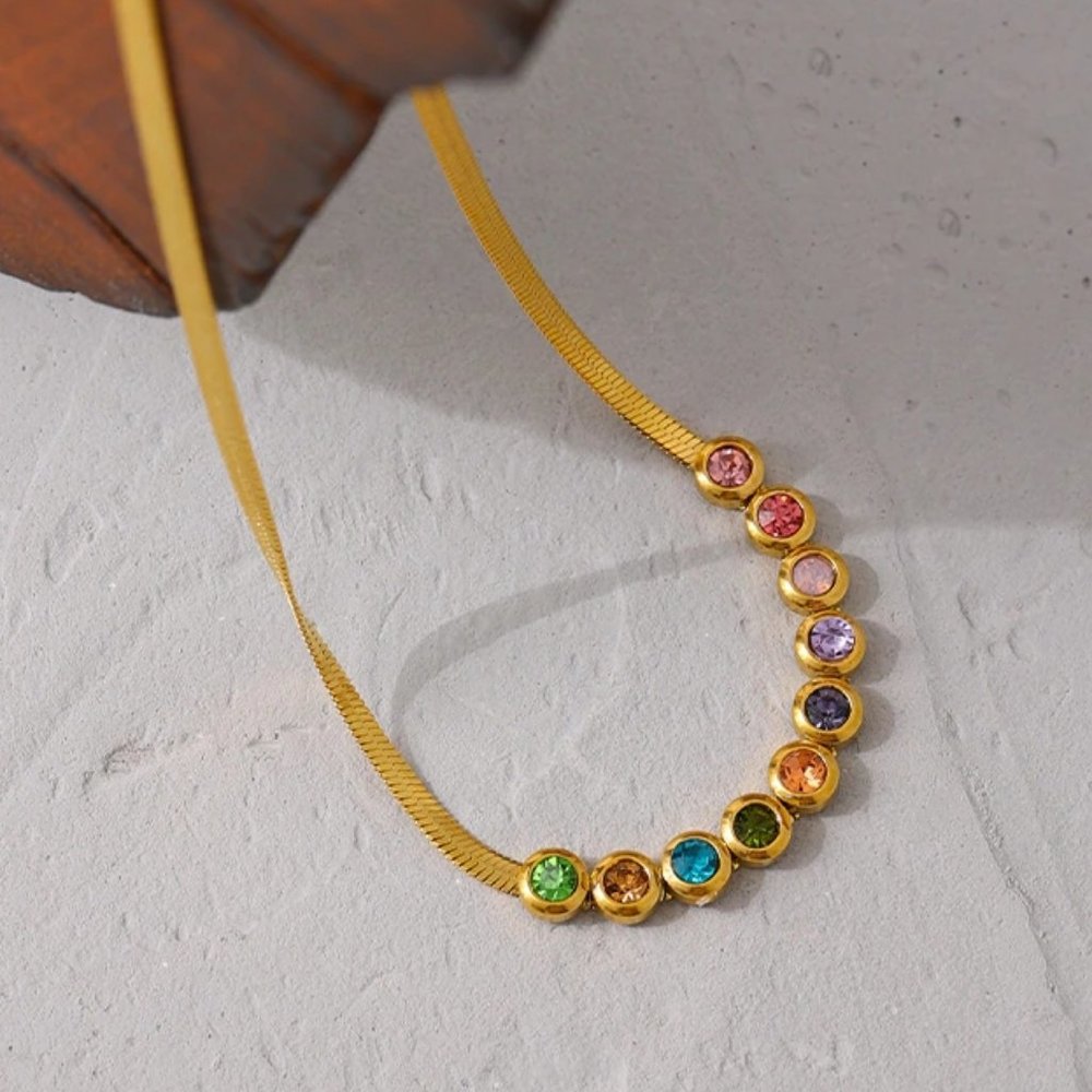 New 18K Gold Plated Multi Color Rainbow Colorful Gemstone Herringbone Necklace